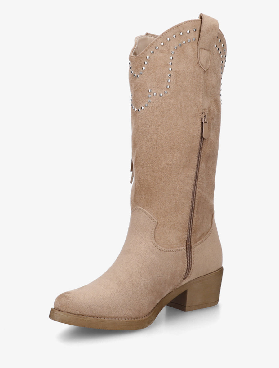 Bottines montantes en suédine à franges et clous - Taupe - 3
