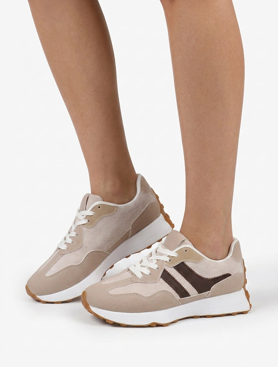 Scarpe da ginnastica bicolori e bimateriale - Beige