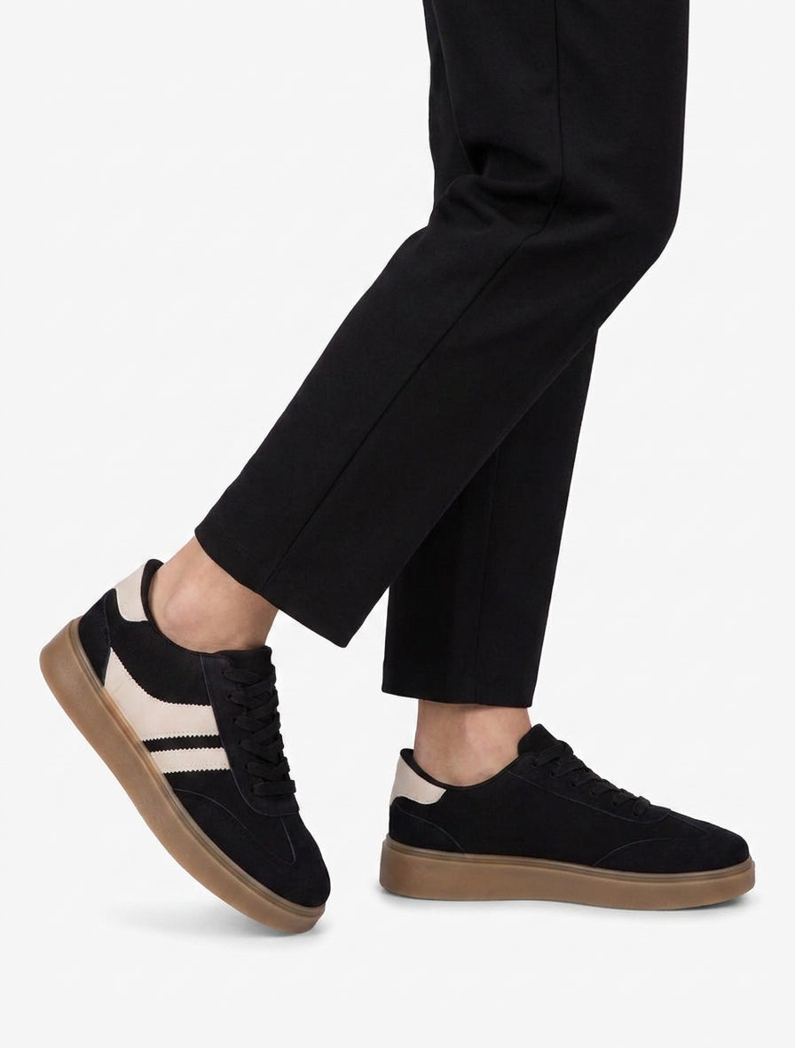 Sneakers in suede con bande in similpelle - Nero