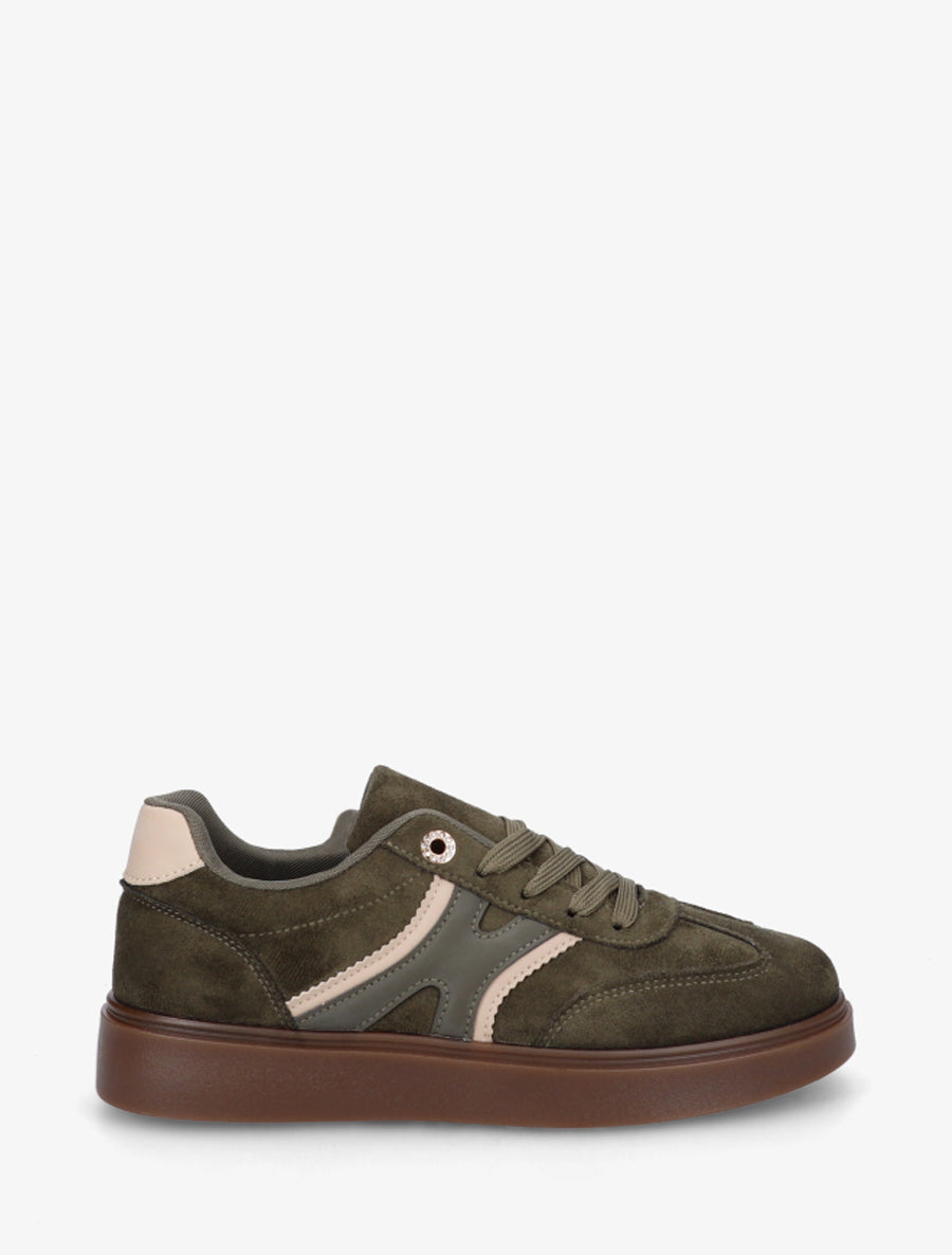 Baskets effet nubuck à oeillets strassés - Kaki - 1