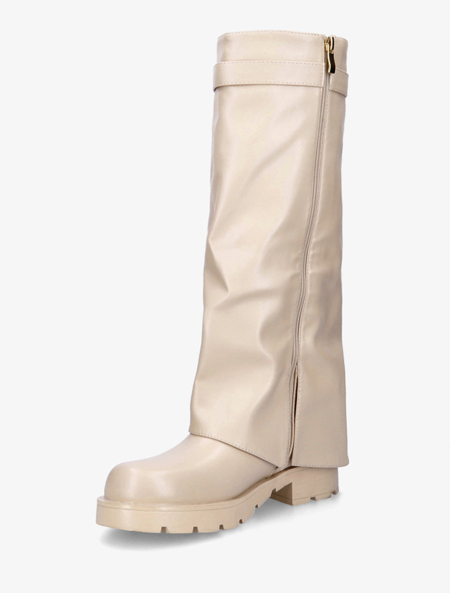 Bottes en simili à revers et bijou cadenas - Beige - 3