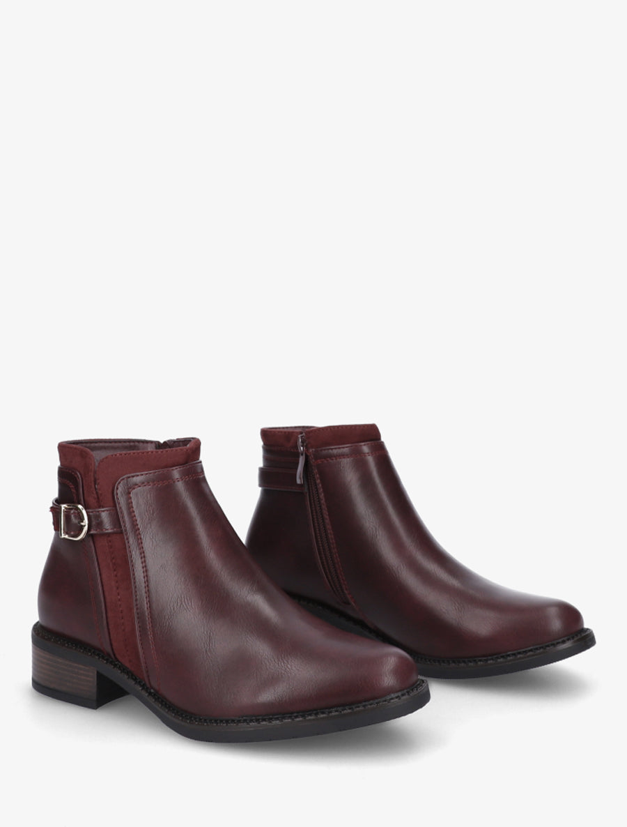 Bottines en simili à boucle et empiècement suédine - Lie de vin - 4