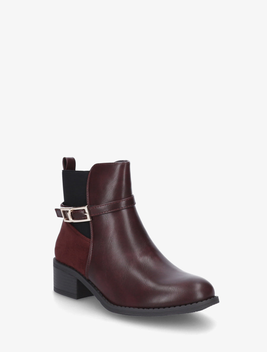 Bottines élastiquées bimatière à boucle métal - Lie de vin - 2