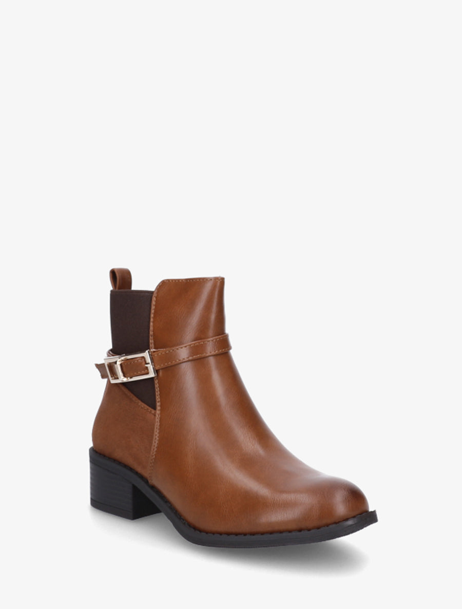 Bottines élastiquées bimatière à boucle métal - Camel - 2