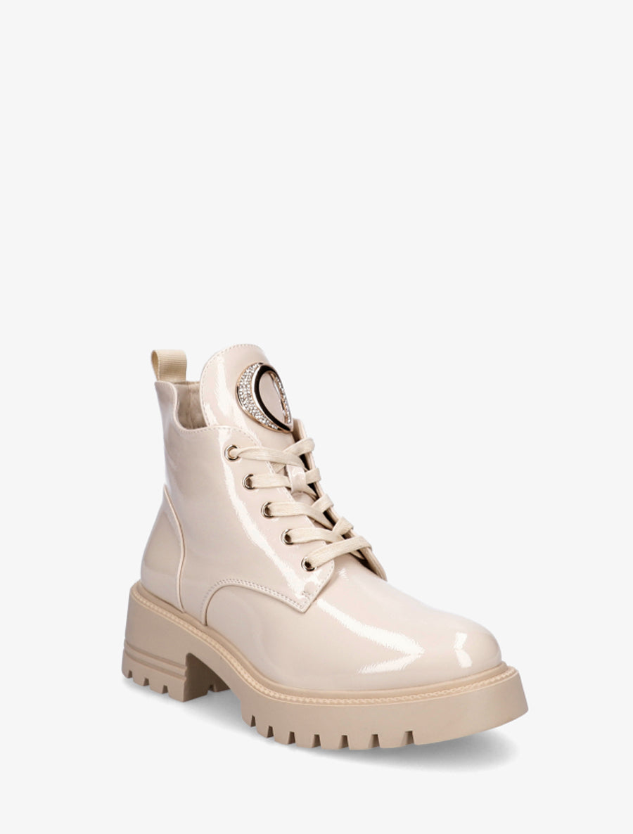 Boots vernies à bijou métal strassé - Beige - 2