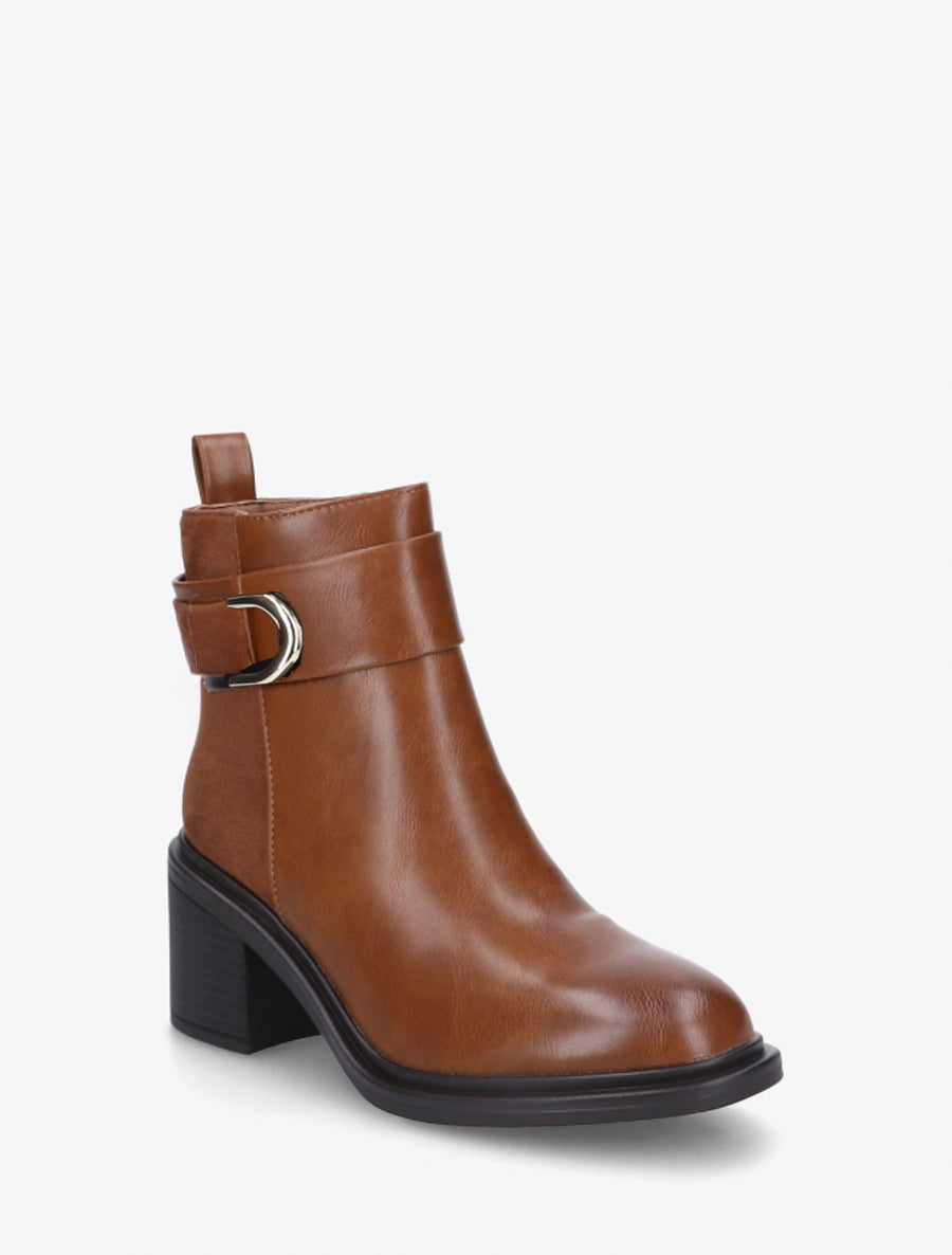 Bottines bimatière à talon bloc - Camel - 2
