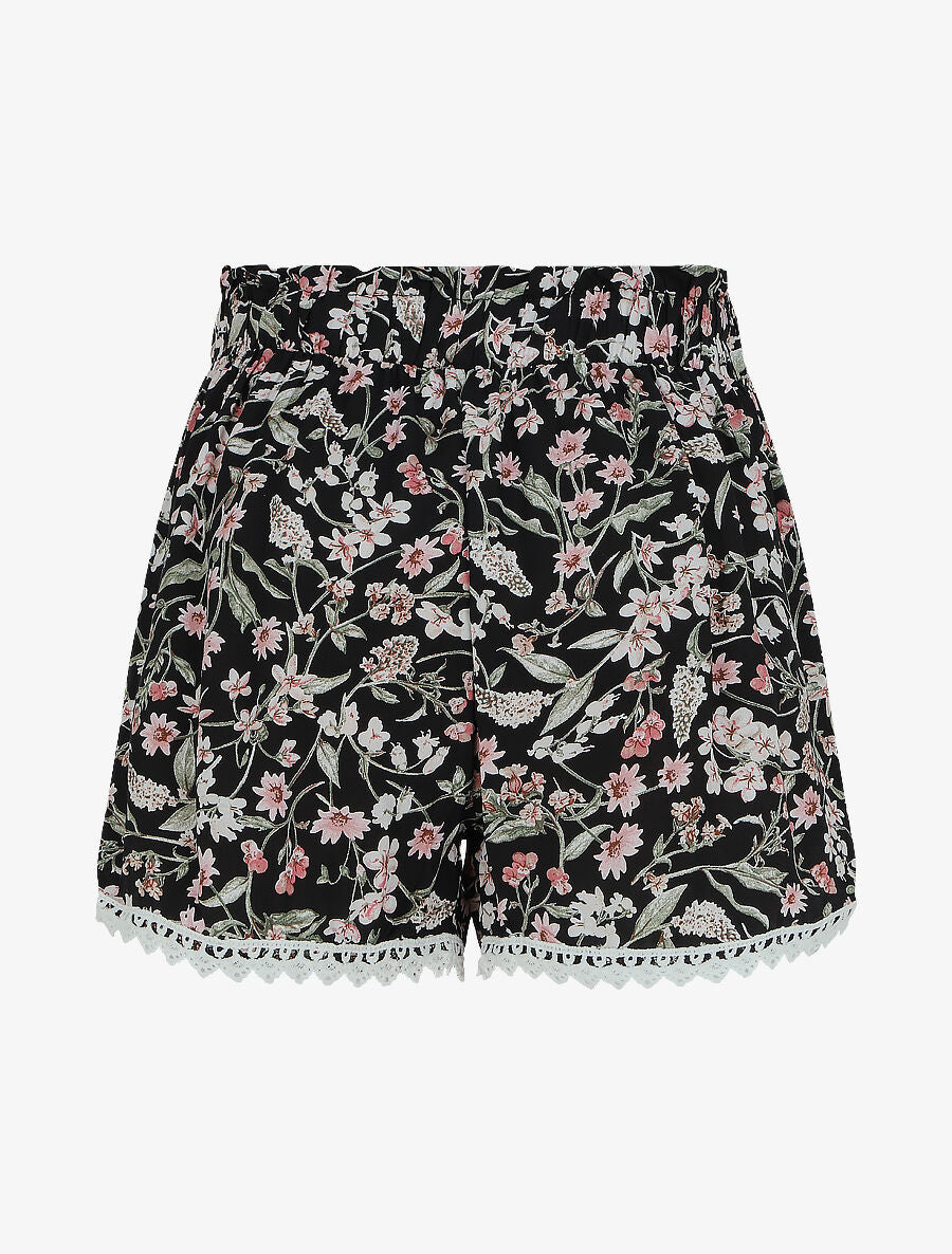 Short imprimé fleuri à taille froncée - Noir - 2