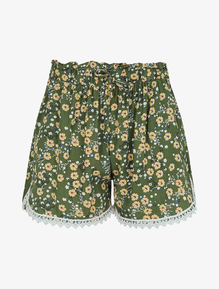Short imprimé fleurs des champs à taille froncée - Kaki - 4