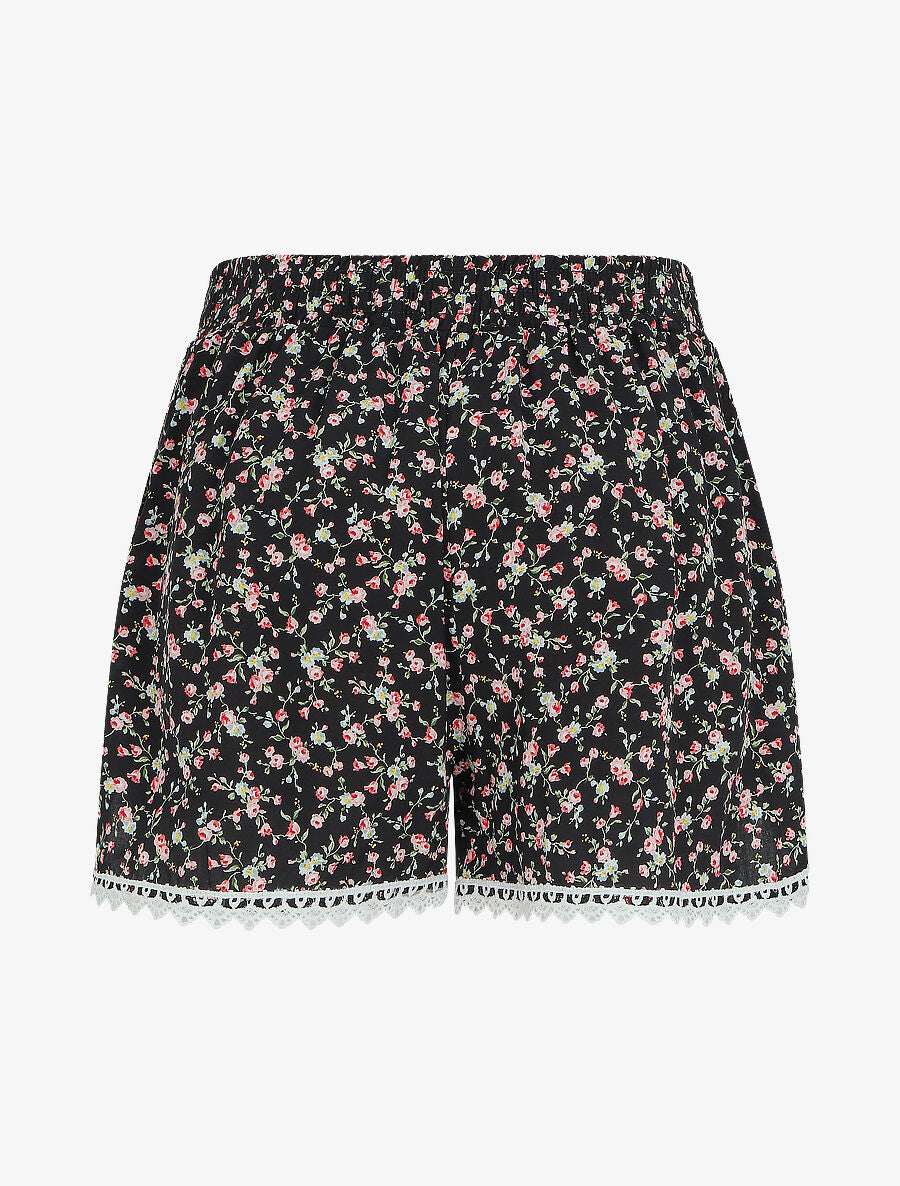 Short imprimé petites fleurs à bords en crochet - Noir - 2