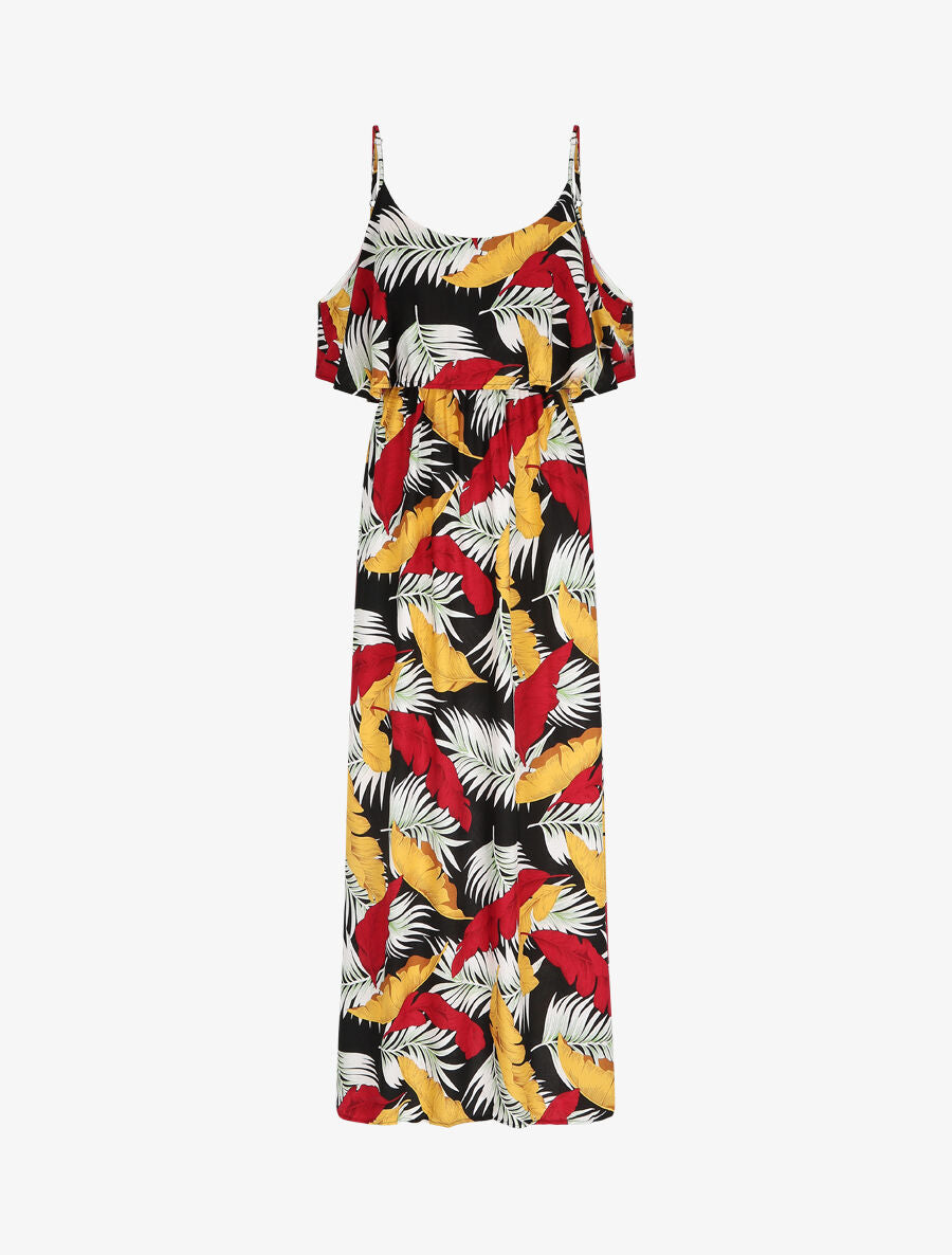 Robe longue à buste volanté imprimé feuilles - Noir - 4