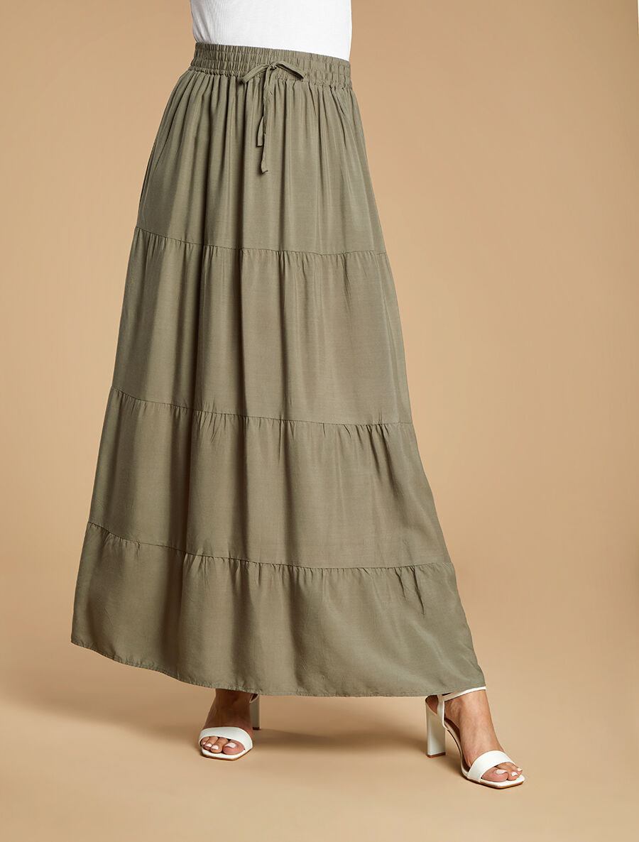 Jupe longue à taille élastiquée - Kaki - 4