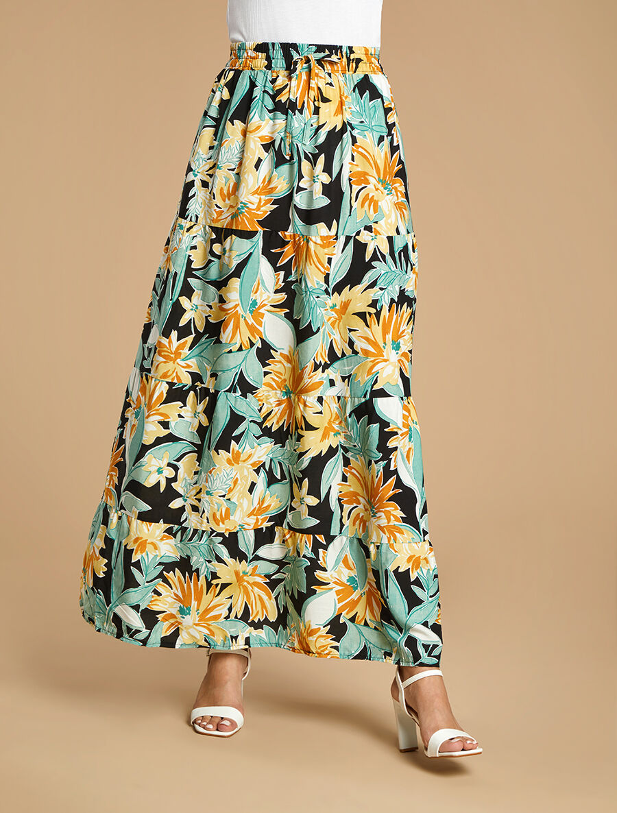 Jupe longue à taille élastiquée à imprimé fleuri - Noir - 4