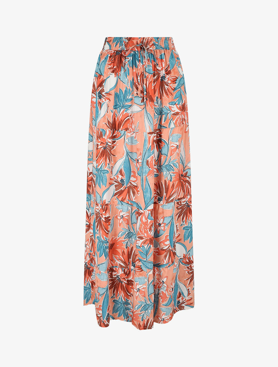 Jupe longue à taille élastiquée à imprimé fleuri - Rose - 1