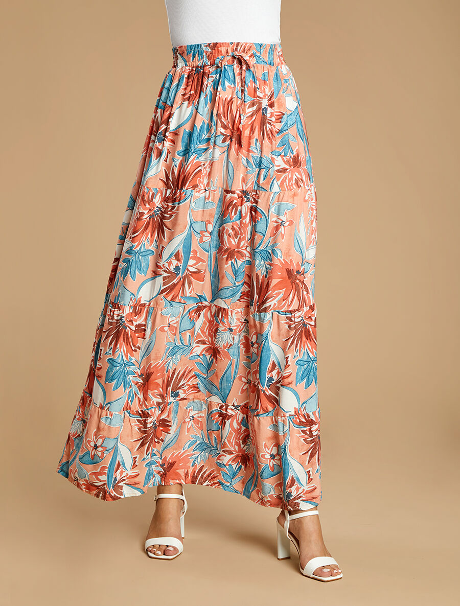 Jupe longue à taille élastiquée à imprimé fleuri - Rose - 4