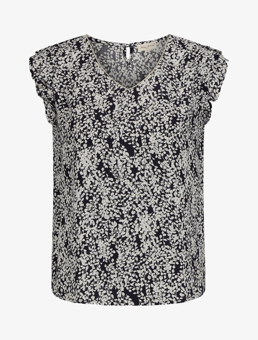 Blouse à imprimé feuillage et manches volantées - Marine - 1