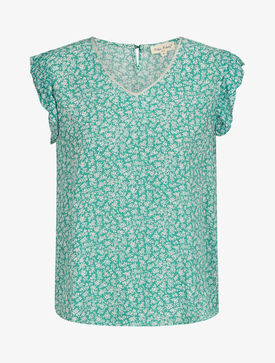 Blouse à imprimé fleuri et manches volantées - Vert - 4