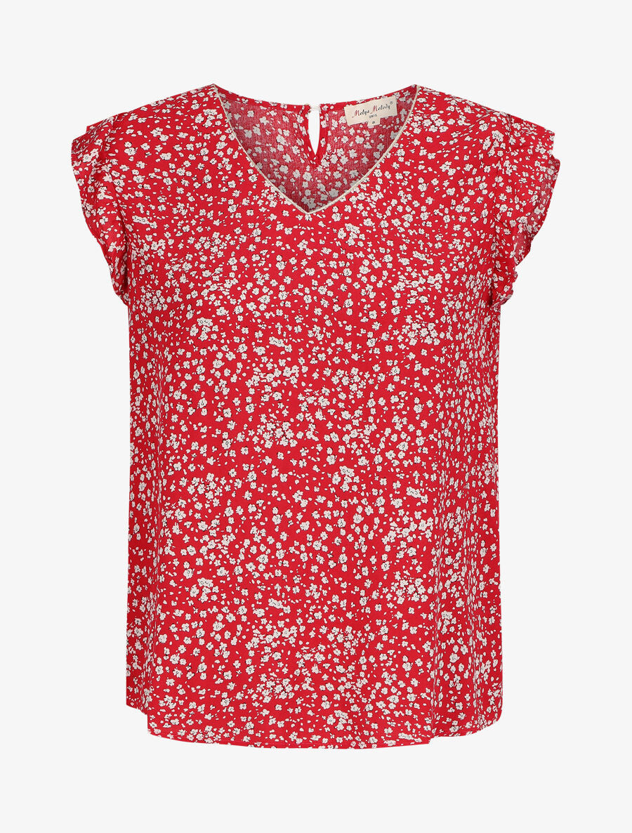 Blouse à imprimé petites fleurs et manches volantées - Rouge - 1