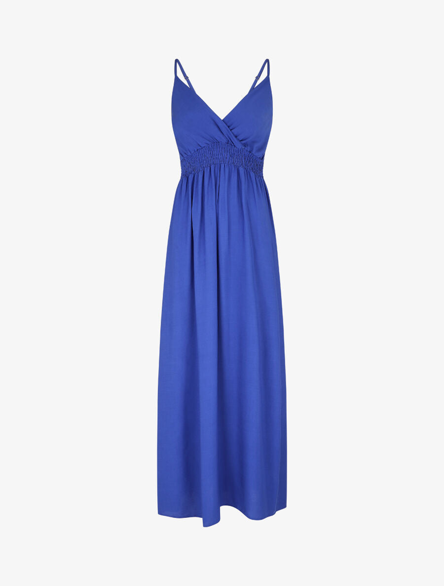 Robe longue unie à taille et dos élastiqués - Bleu - 1