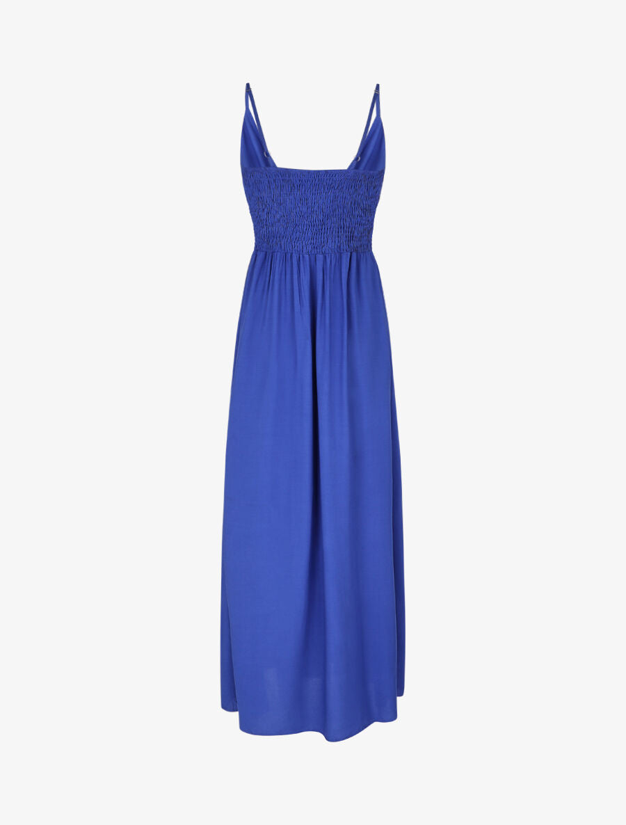 Robe longue unie à taille et dos élastiqués - Bleu - 2