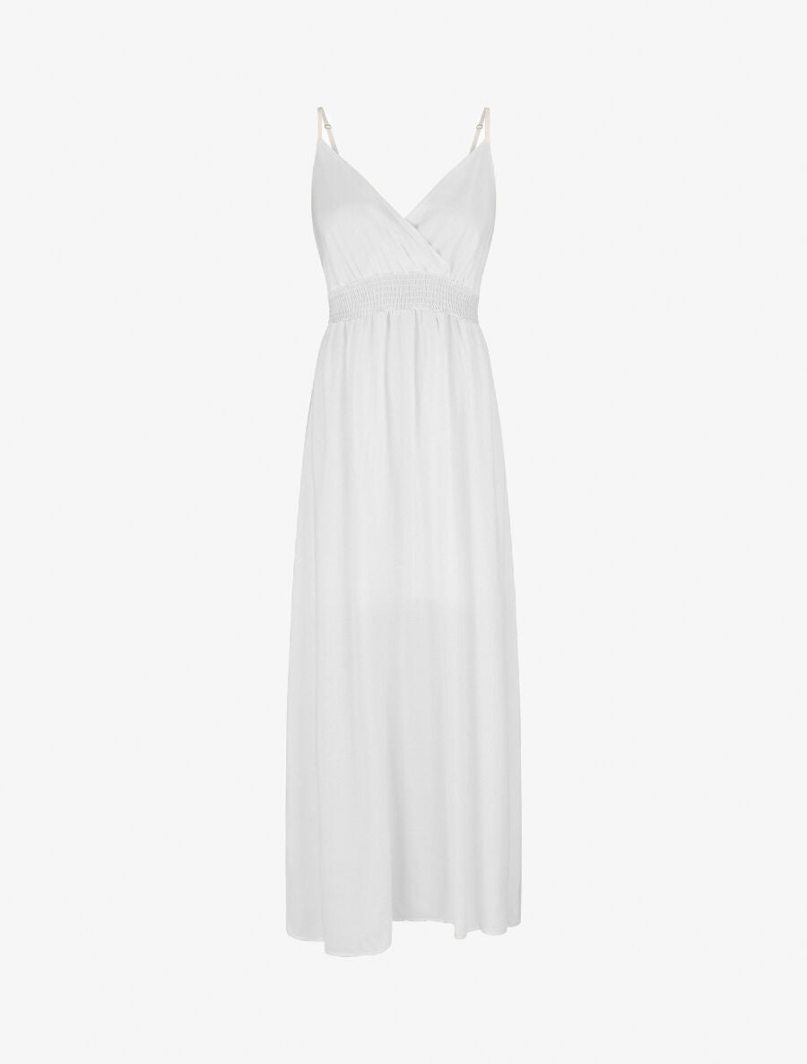 Robe longue unie à taille et dos élastiqués - Blanc - 4