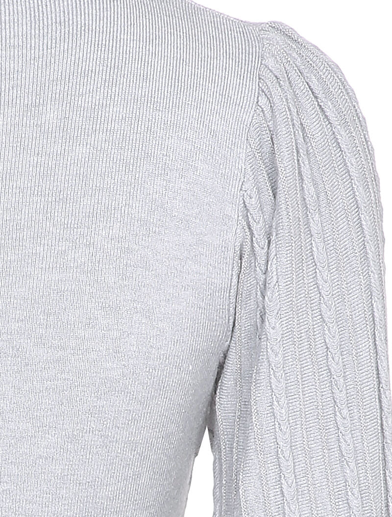 Robe pull à manches bouffantes en maille tressée - Gris - 3