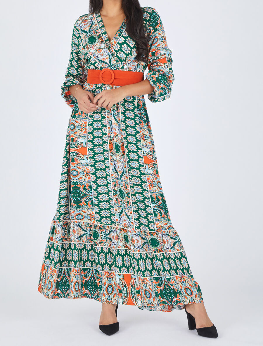 Robe longue empire imprimé fresque - Vert - 4