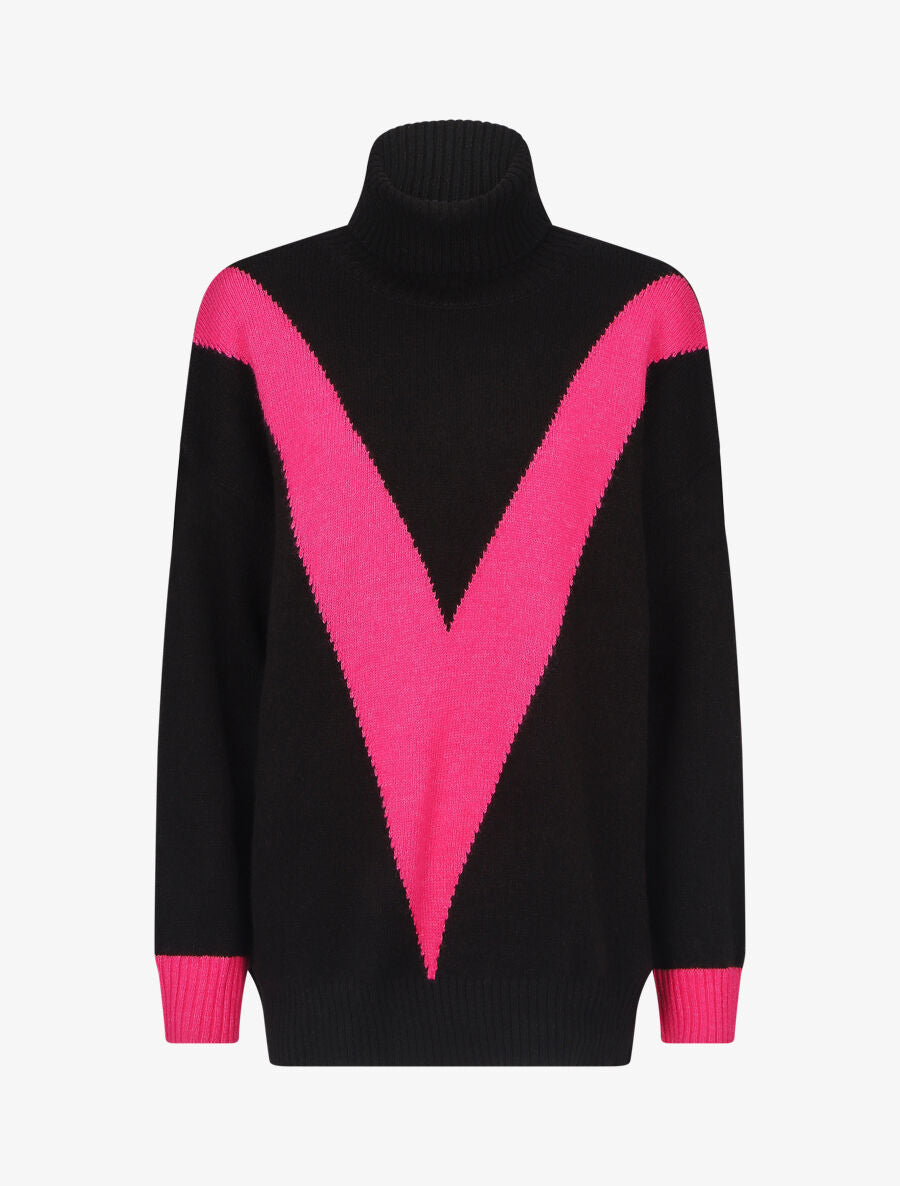 Pull col roulé à motif V - Noir/fushia - 1