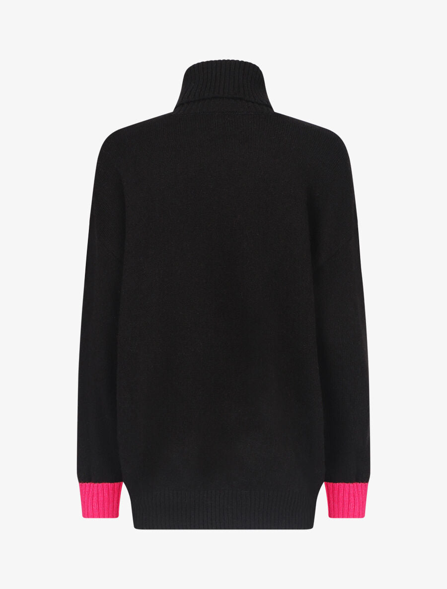 Pull col roulé à motif V - Noir/fushia - 2