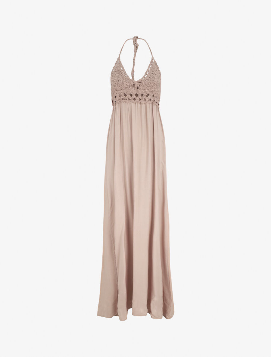 Robe longue dos-nu et broderies - Taupe - 2