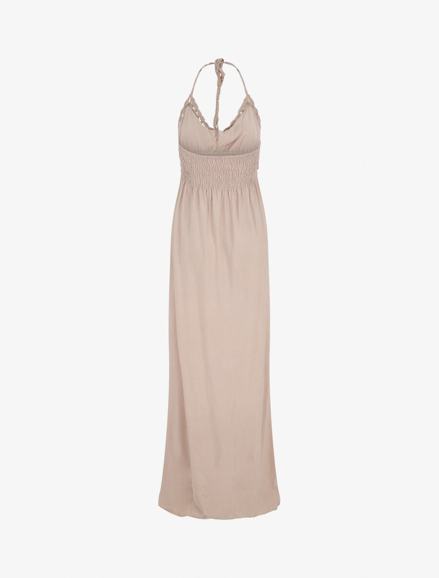 Robe longue dos-nu et broderies - Taupe - 3