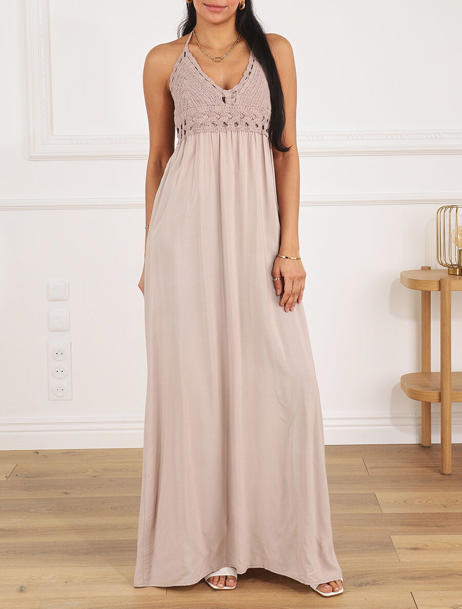 Robe longue dos-nu et broderies - Taupe - 1