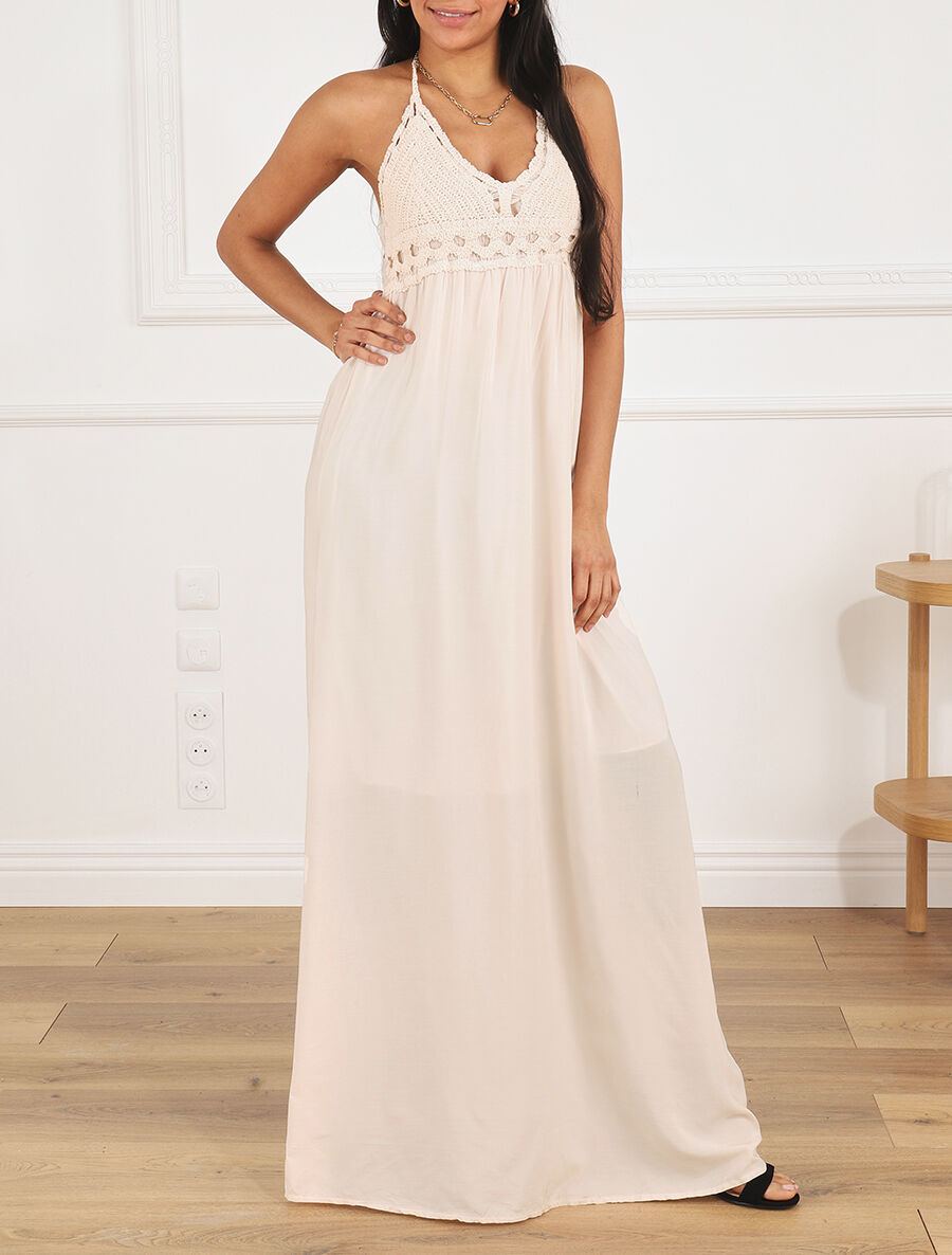 Robe longue dos-nu et broderies - Rose clair - 1