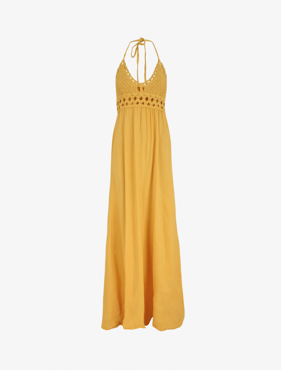 Robe longue dos-nu et broderies - Jaune - 2