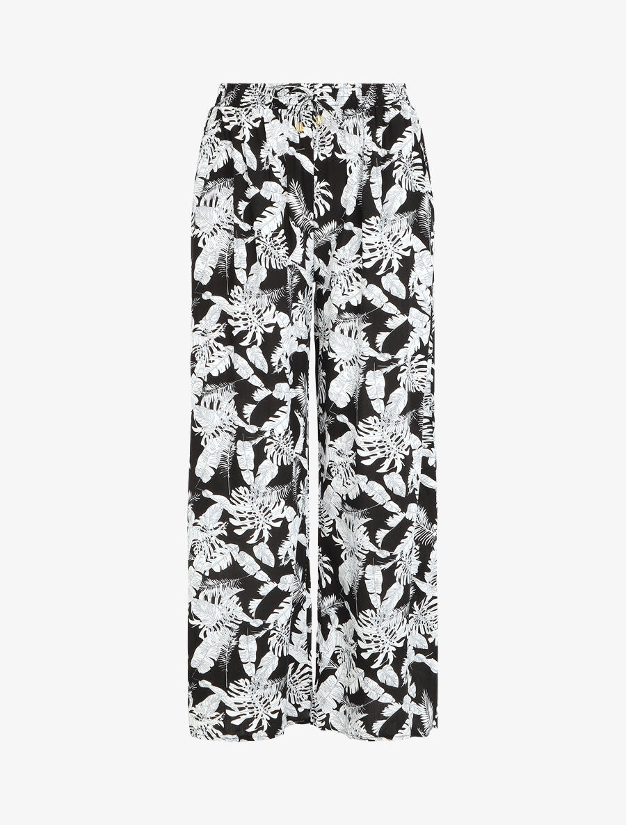 Pantalon ample imprimé feuillage à taille élastiquée - Noir - 5