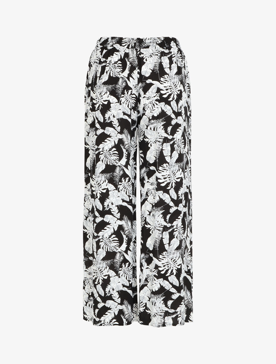 Pantalon ample imprimé feuillage à taille élastiquée - Noir - 2