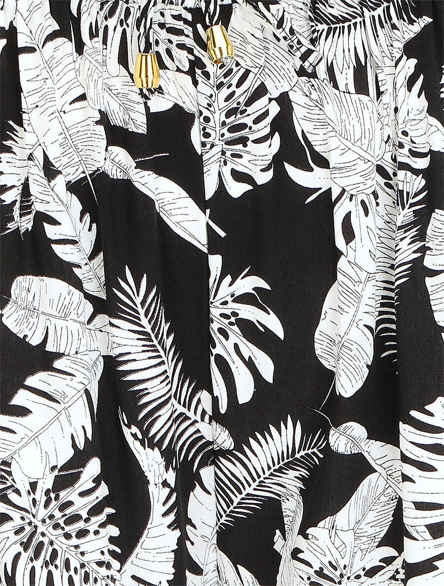 Pantalon ample imprimé feuillage à taille élastiquée - Noir - 3