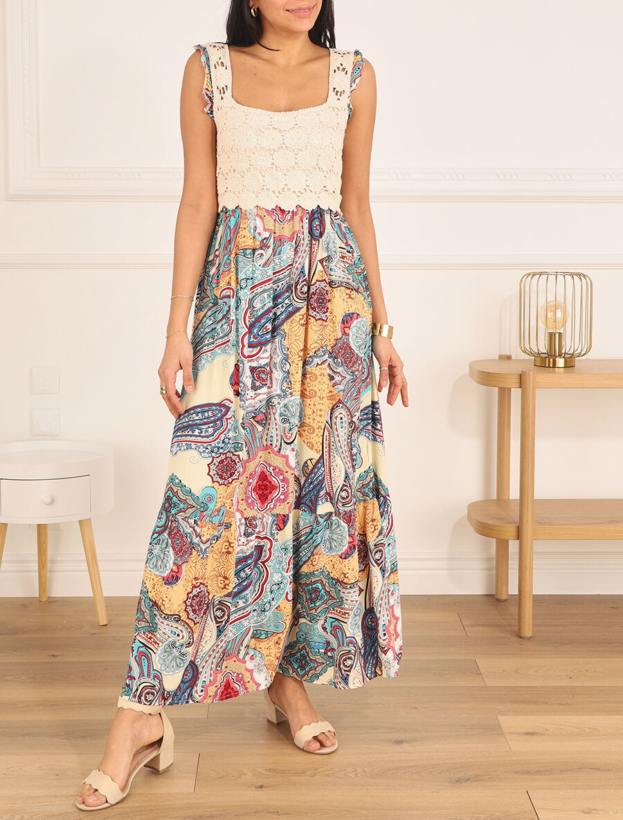 Robe longue imprimé foulard et broderie fluide - Kaki - 4