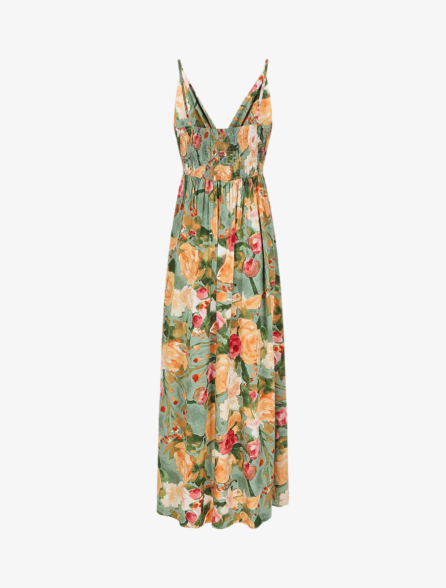 Robe longue élastiquée à imprimé fleurs - Vert - 3