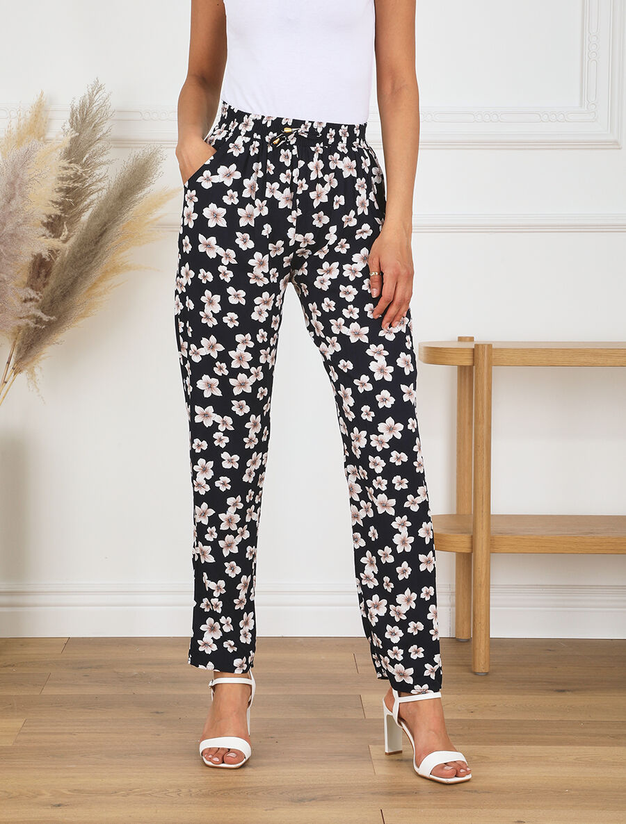 Pantalon droit à motif fleuri - Marine - 4