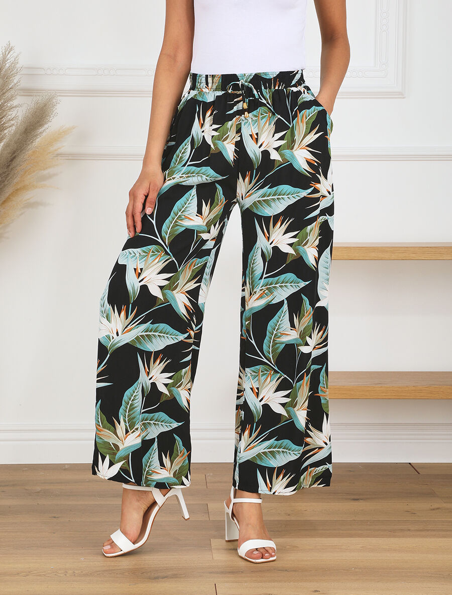 Pantalon ample motif plante tropicale - Noir - 4