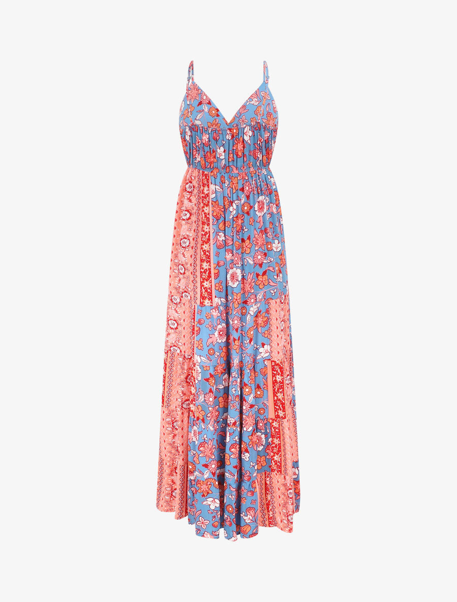 Robe longue imprimé floral style patchwork - Bleu - 2
