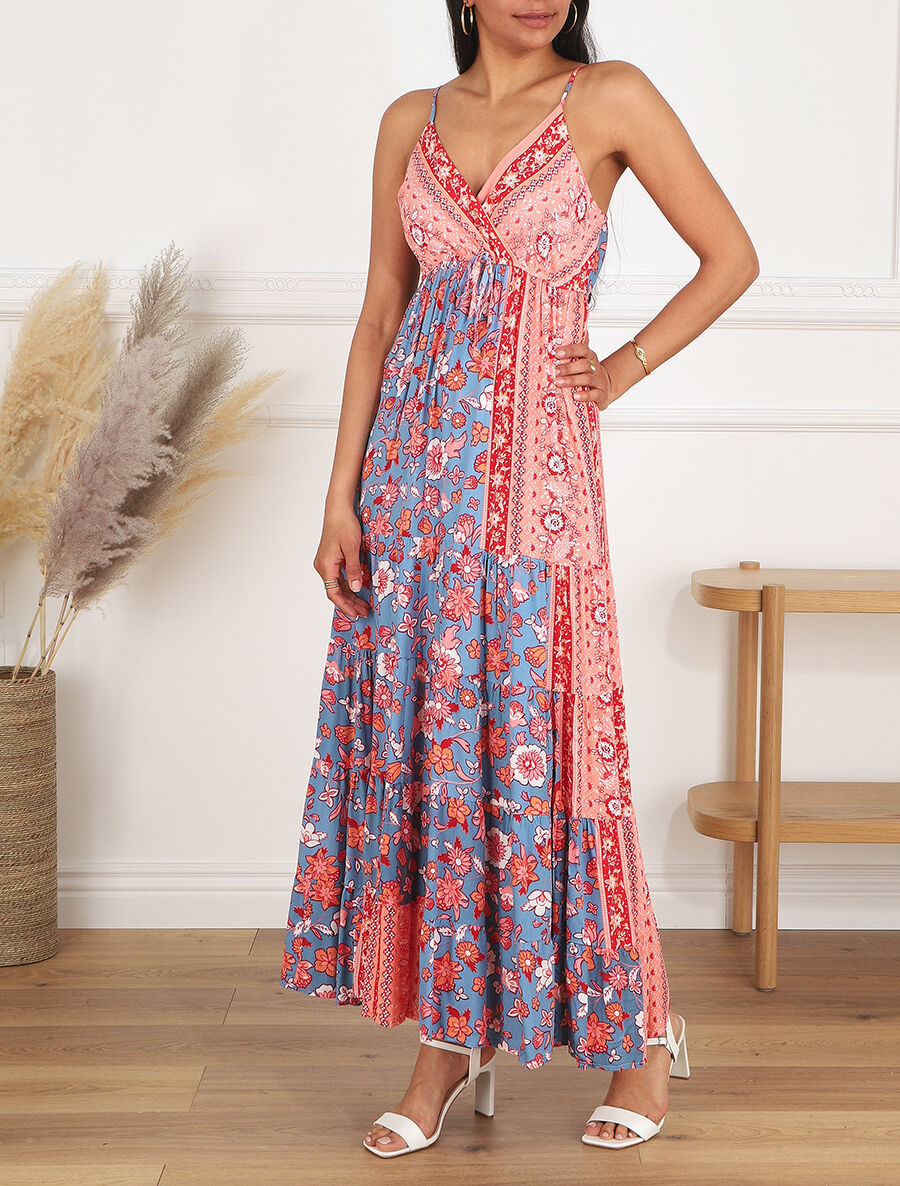Robe longue imprimé floral style patchwork - Bleu - 4
