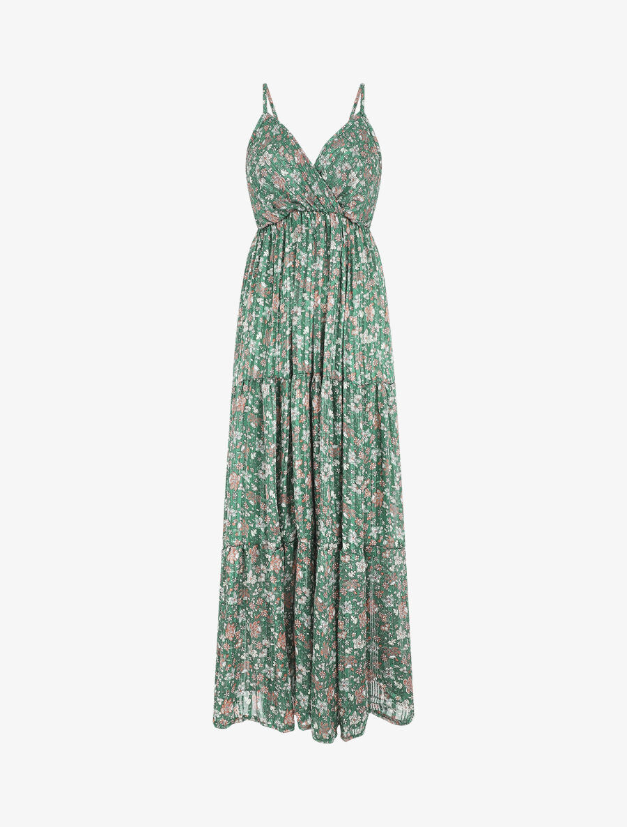 Robe longue fleurie et satinée à bretelles - Vert - 5
