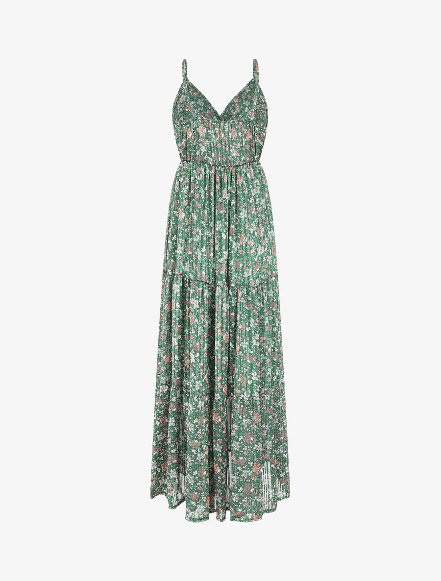 Robe longue fleurie et satinée à bretelles - Vert - 3