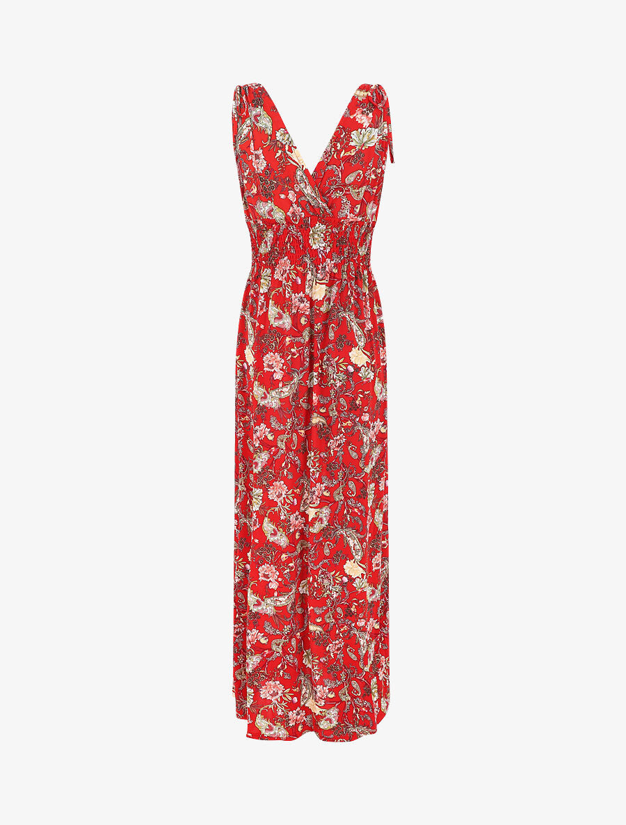 Robe longue élastiquée imprimé foulard - Rouge - 3