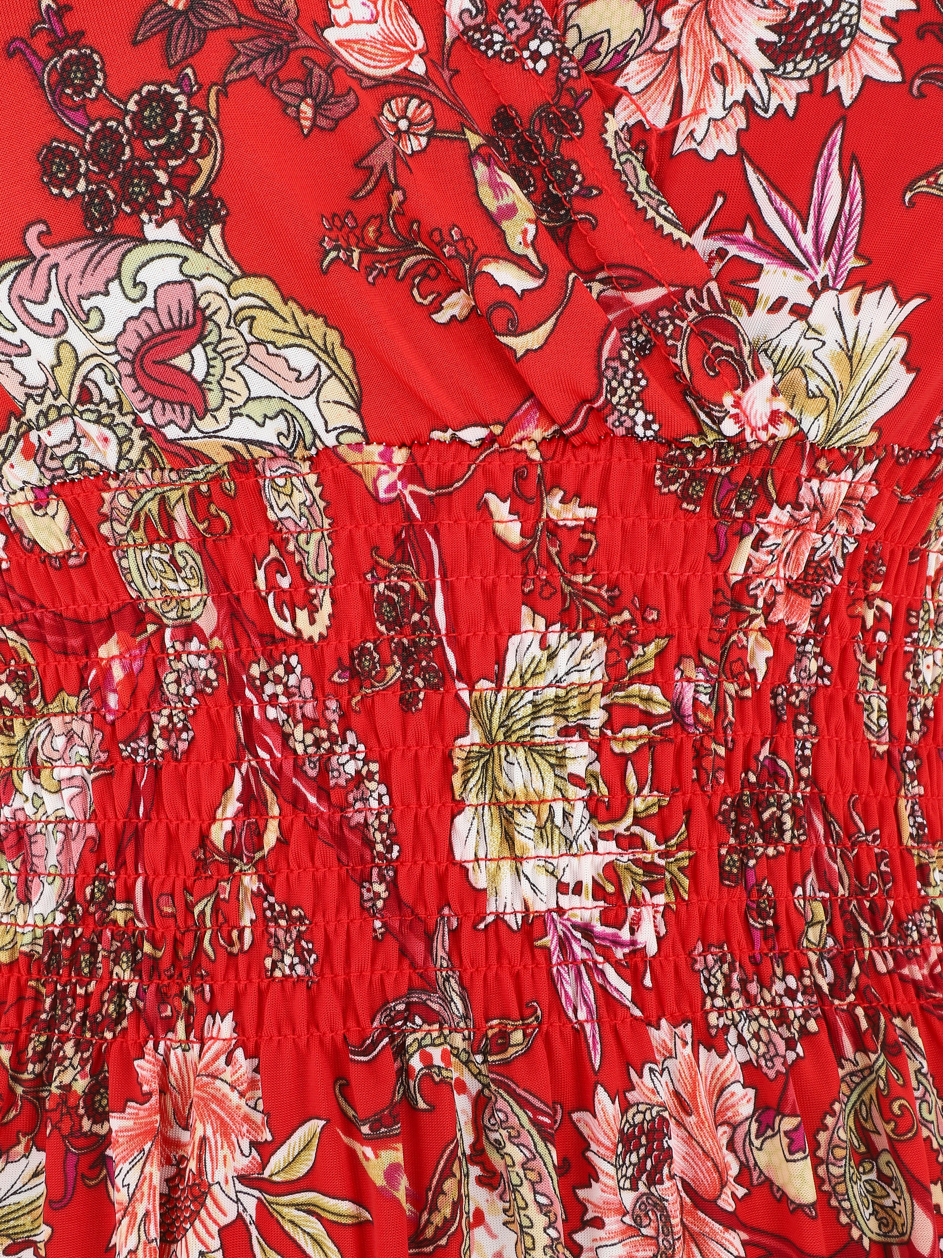 Robe longue élastiquée imprimé foulard - Rouge - 4