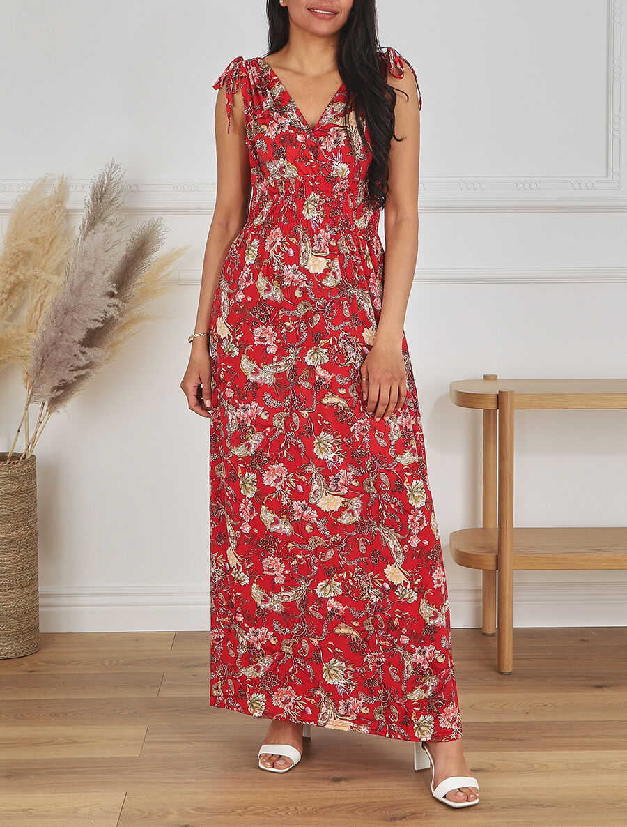 Robe longue élastiquée imprimé foulard - Rouge - 1