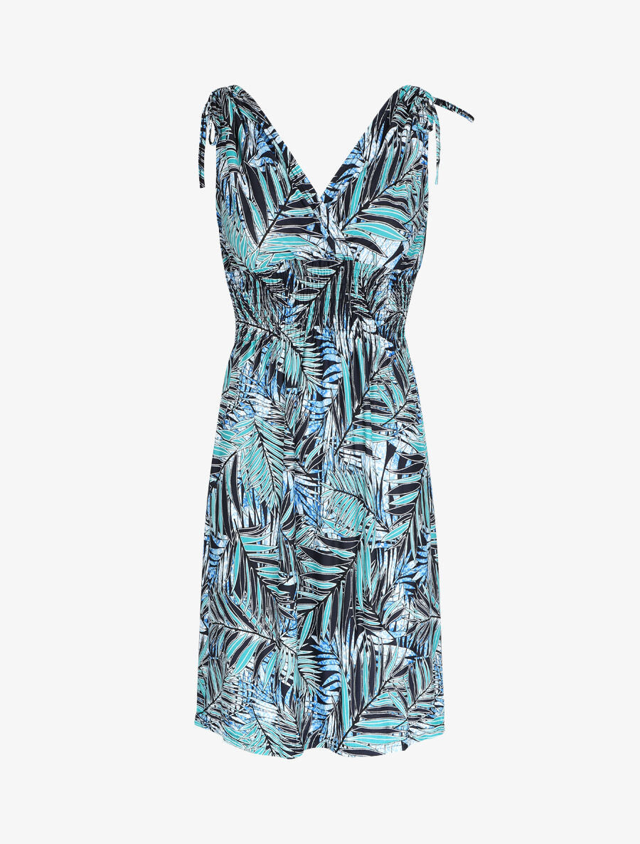 Robe mi-longue élastiquée imprimé feuilles tropicales - Turquoise - 1