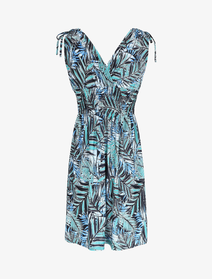 Robe mi-longue élastiquée imprimé feuilles tropicales - Turquoise - 2