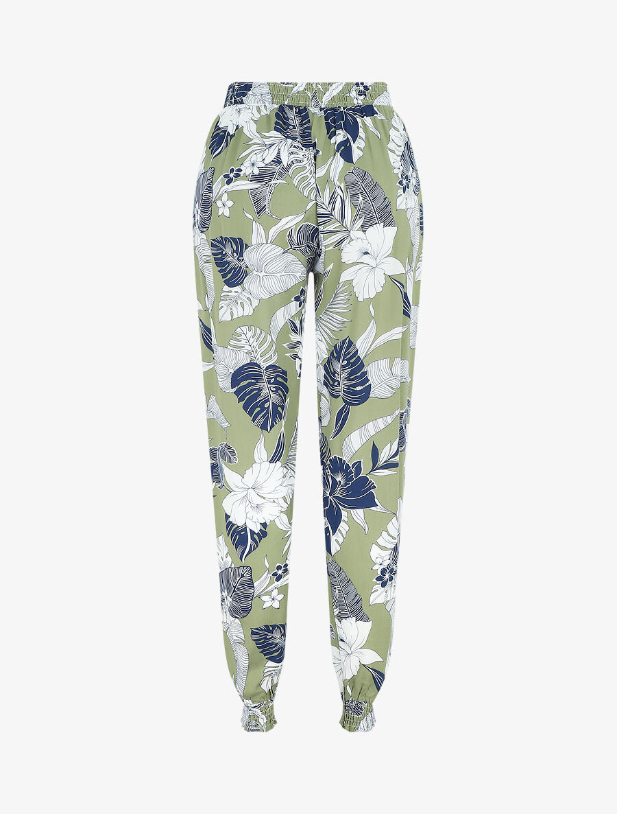 Pantalon imprimé feuilles tropicales à bas élastiqués - Kaki - 2